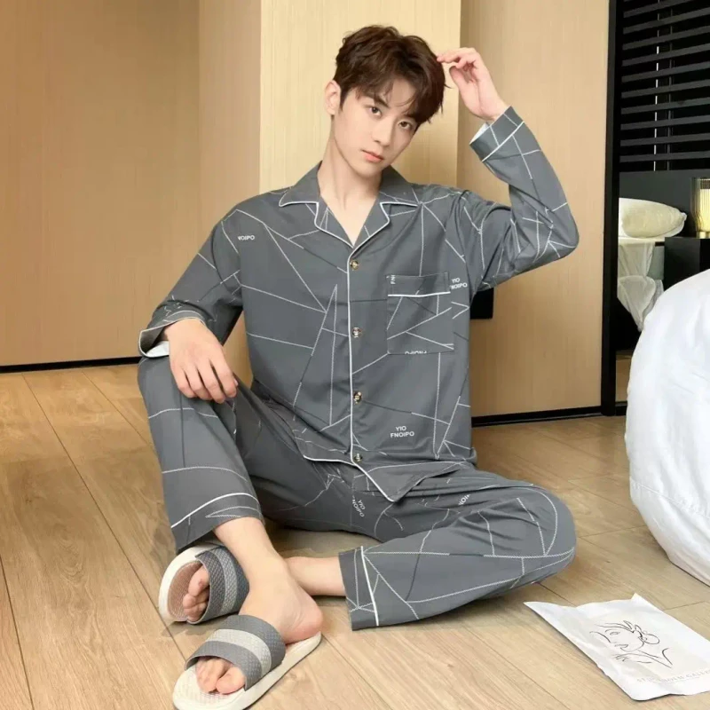 Men's Sleepwear Set Soft Loungewear Long Sleeved Trousers Lapel Cardigan Men Pajama Plus Size Nightwear Fashion Printed Homewear