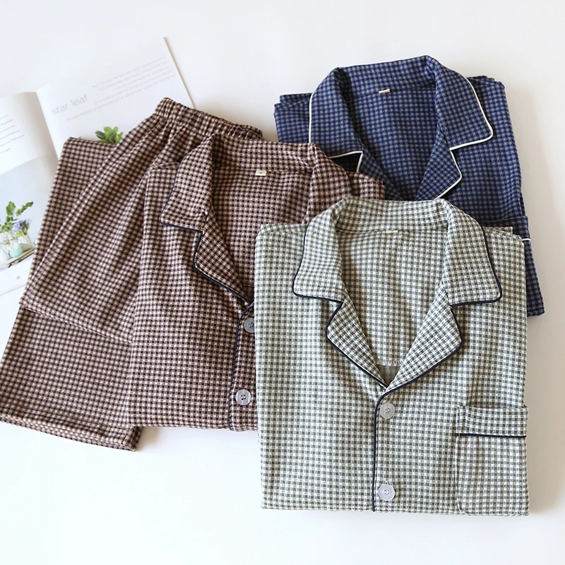 Men's Sleepwear Set Soft Loungewear Long-Sleeved Trousers Lapel Cardigan Plaid Pajama Set Men Pajama Plus Size Nightwear