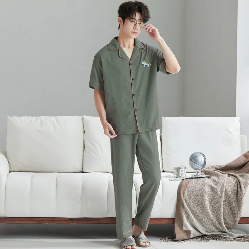 Men's Sleepwear Short Sleeve Shirts With Long Pants Classic Loungewear Pajama Set