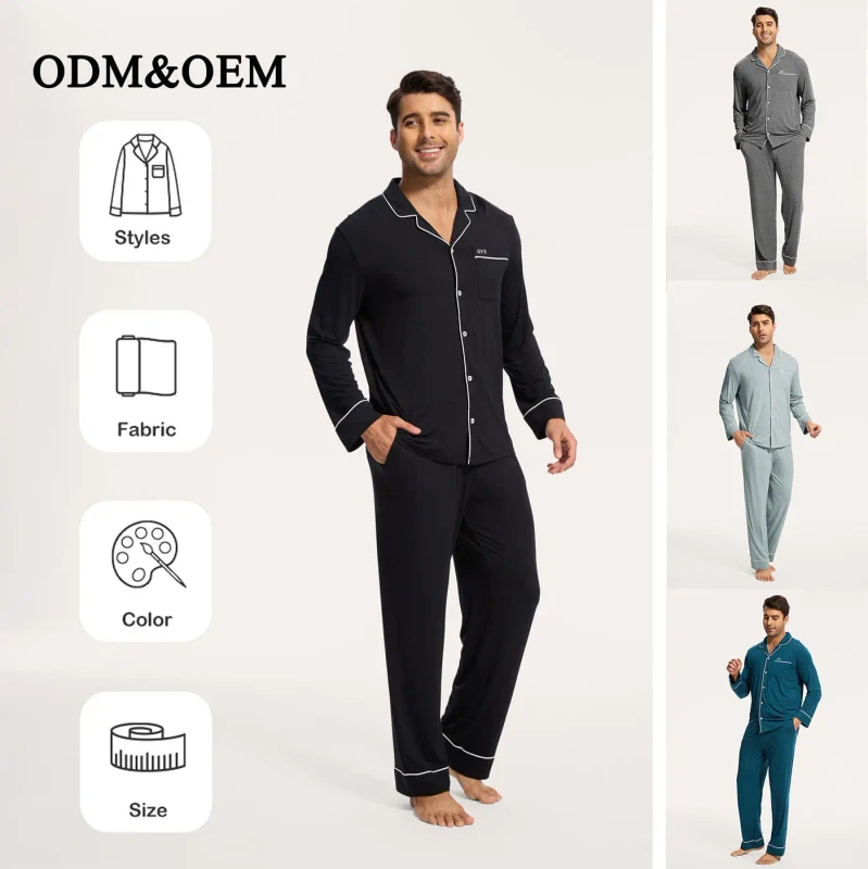 Men's Soft Knitted Fleece Modal Pajama Set Long Sleeve and Pants with Bamboo Thermal and Breathable XL Size for Winter