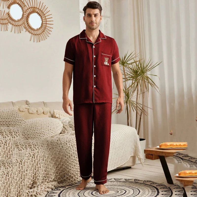 Men's Soft Woven Pajama Sets Two-Piece Casual Loungewear Set with Teddy Bear Embroidery