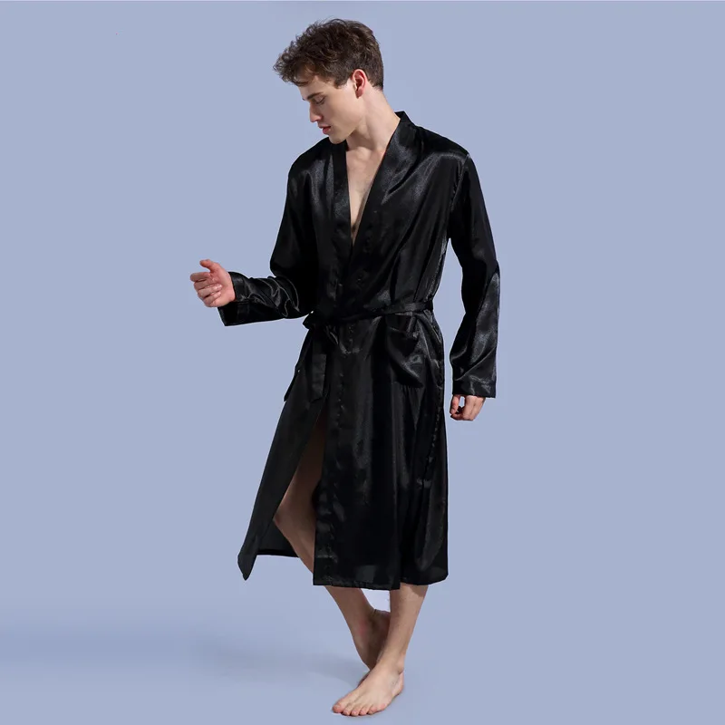 Men's Solid Color Robe Thin Cardigan Robe Loose Large Size Long Sleeve Spring and Autumn Light Bathrobe
