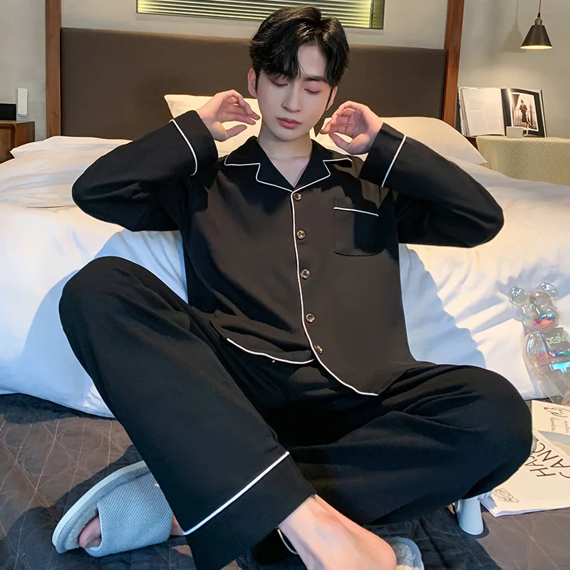 Men's Spring Autumn Pajamas Breathable Cotton Lightweight Loungewear Loose Comfortable Casual 2 Piece Sleepwear Set