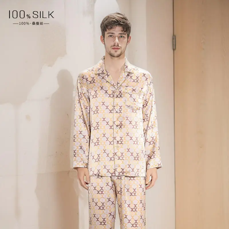 Men's Summer 100% Mulberry Silk Casual Pajama Set Cool Touch Outer Wearable Quick Dry Breathable Plus Size Sleepwear