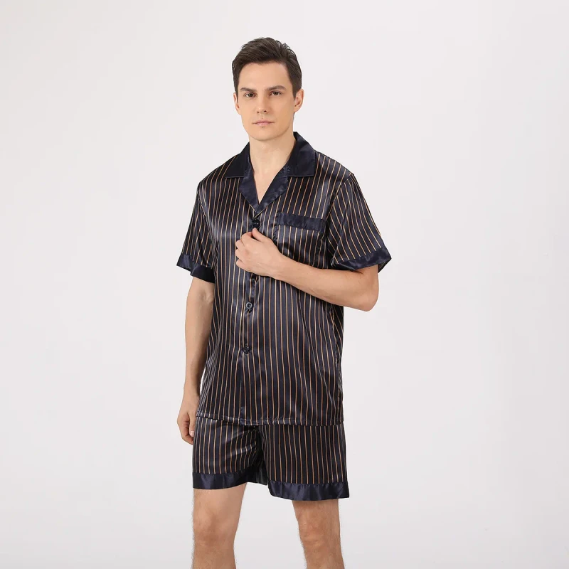 Men's Summer Casual Solid Color Short Sleeved Imitated Silk Machine Washable Breathable Polyester 2 Piece Pajamas European Size