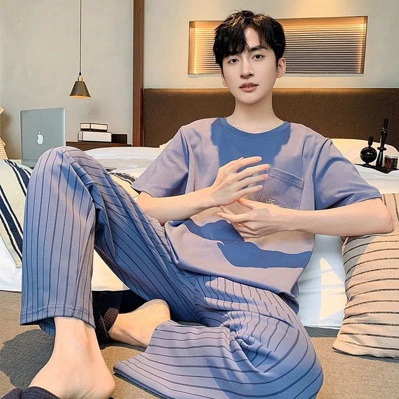 Men's Summer Cotton Thin Short Sleeve Long Pants Pajama Set Casual Large Size Suitable for Outdoor Wear Home Wear