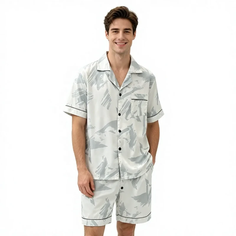 Men's Summer Ice Silk Pajamas Lightweight Short Sleeve Two piece Set Simple Leisure Comfort Boys' Home Clothes