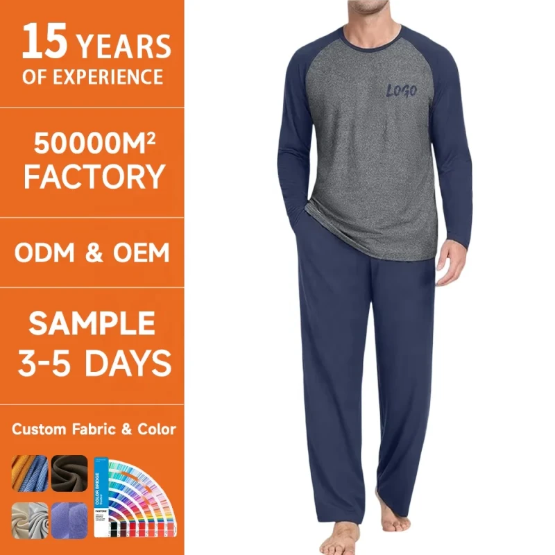 Men's Summer Knitted Polyester Spandex Blend Lightweight Breathable Long Sleeve Solid Pajama Sets Soft Comfy Sleepwear S-4XL