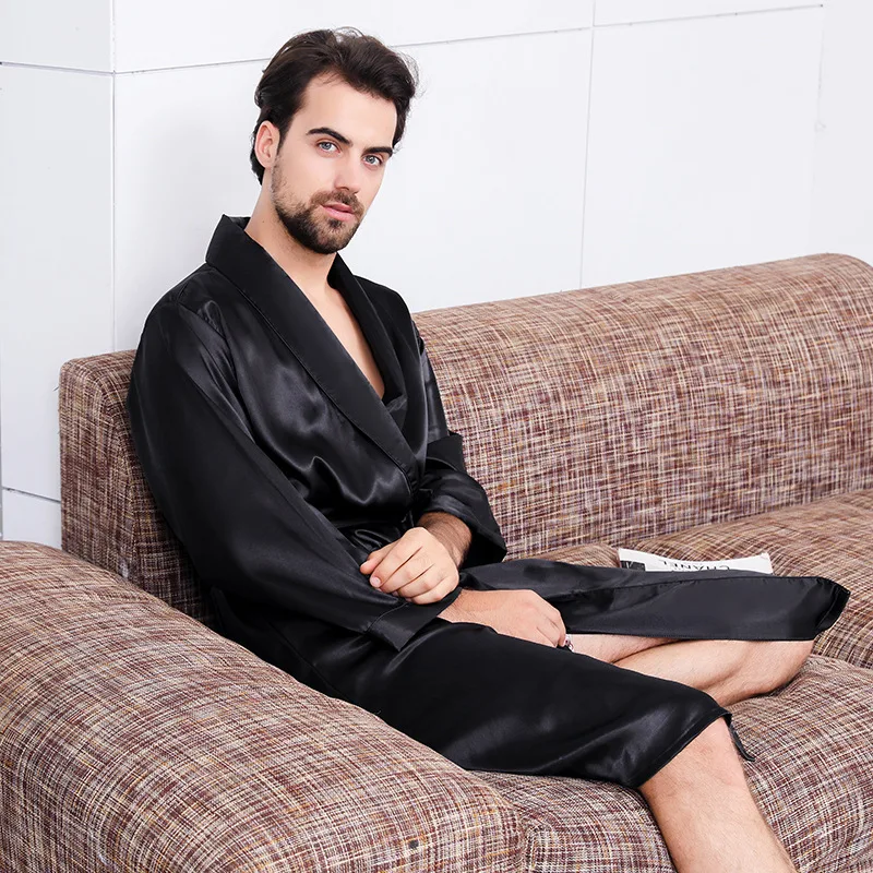 Men's Summer Lightweight Imitated Silk Bathrobe Breathable Fashion Home Wear Long Sleeve Pockets Machine Washable Luxury Solid