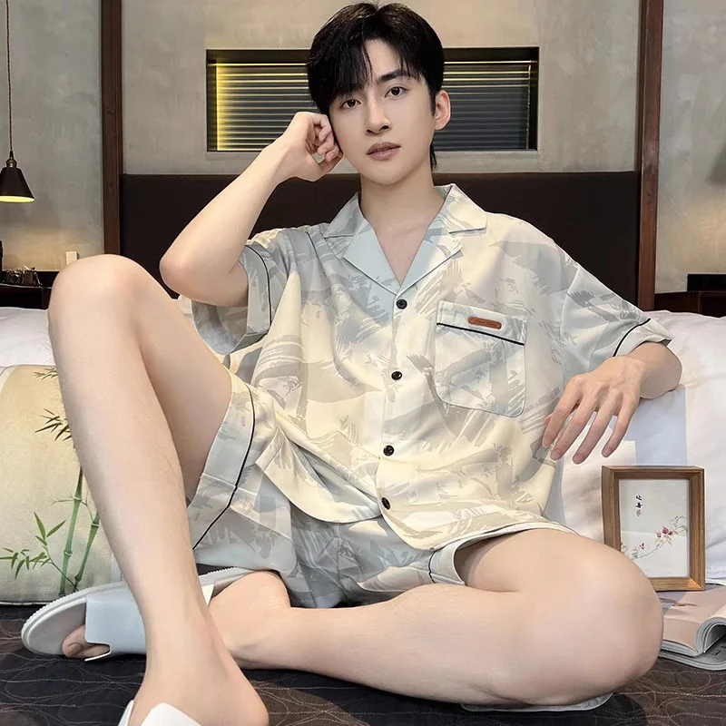 Men's Summer Loungewear Set Lightweight Ice Silk Short Sleeve Pajamas 2 Piece Homewear