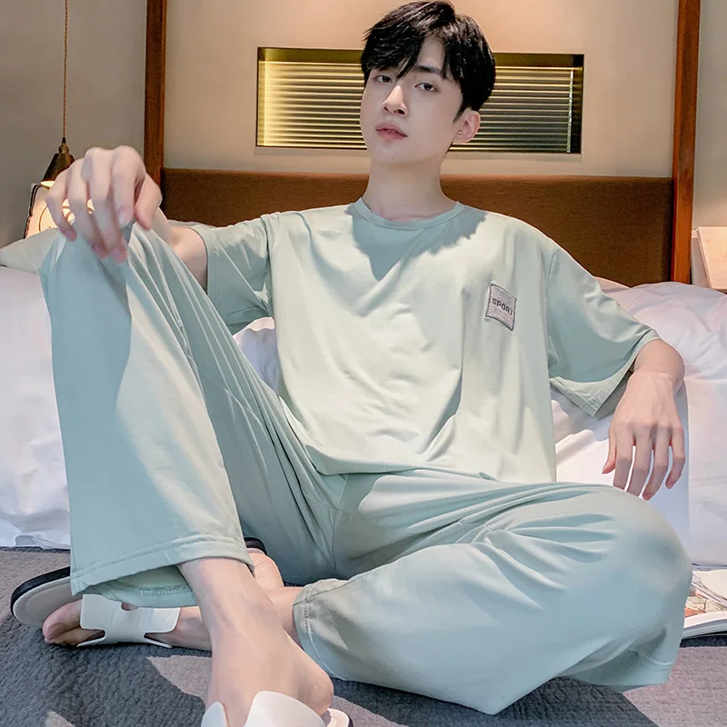 Men's Summer Modal Pajamas Breathable Loose Casual Two Piece Set Thin Neck Short Sleeved Pants Can Be Worn Outside As Loungewear