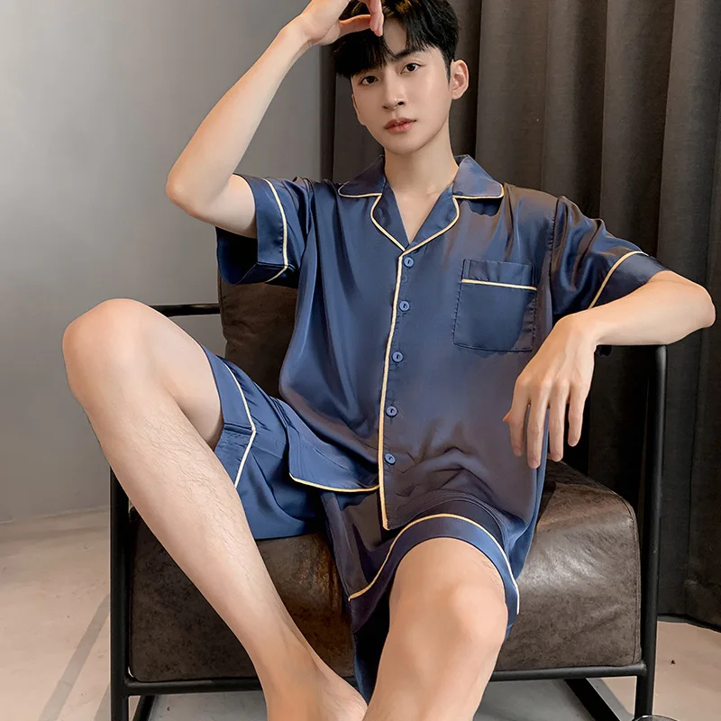 Men's Summer New Ice Silk Cardigan Casual Simple Short Sleeved Shorts Thin Style Home Suit Set