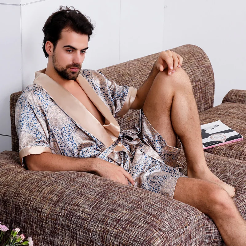 Men's Summer Nightgown Pockets Breathable Knitted Short Sleeve Imitated Silk Fabric Machine Washable Handwash Sleepwear European