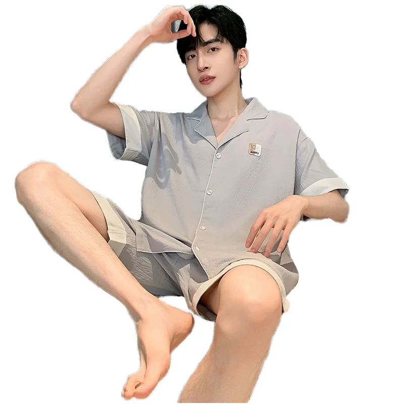 Men's Summer Pajamas Cardigan Casual Loose Indoor Home Clothing Lapel Short Sleeve Shorts Long Pants Pajamas Set Youth Gift