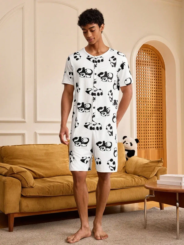Men's Summer Panda Jumpsuit Pajamas Lightweight Home Clothes Sleepwear Cute
