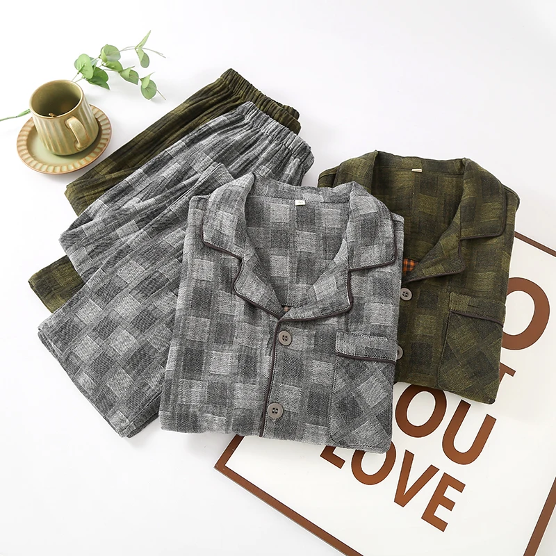 Men's Summer Pyjamas Elastic Waist Home Wear Dyed Weaving Pajamas Set Cotton Plaid Pajamas with Pockets