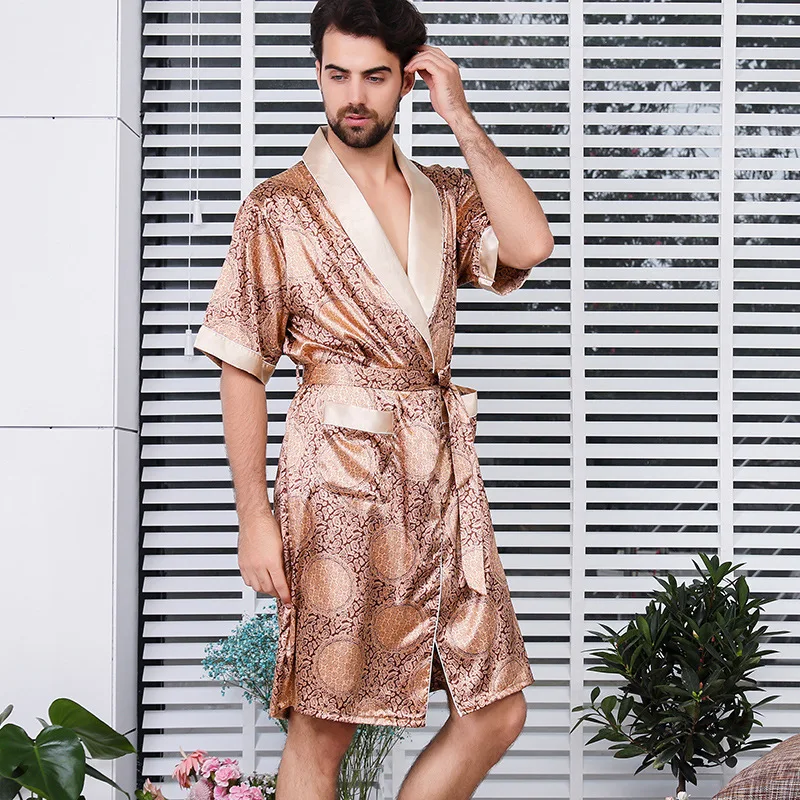 Men's Summer Robe Set Breathable Imitated Silk Sleepwear Pockets Short Sleeve Handwash Machine Washable European American Style