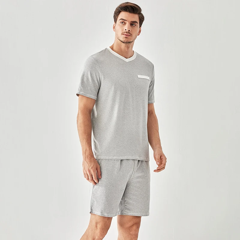 Men's Summer Short Sleepwear Set, Contrast Trim, Pyjama, V Neck