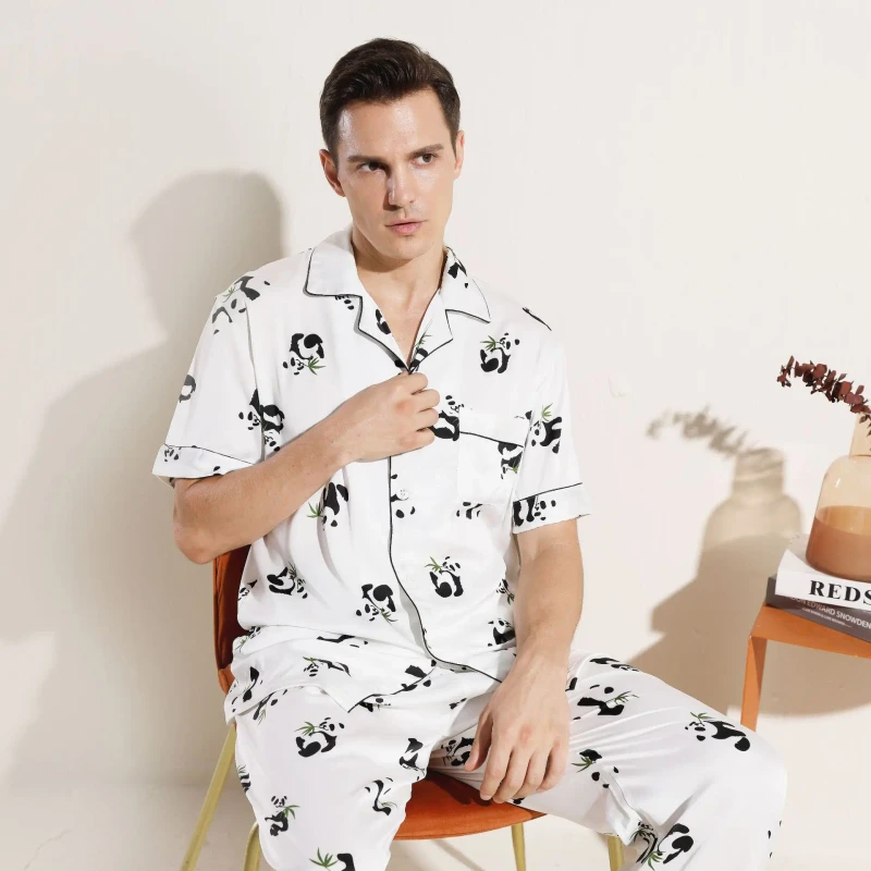 Men's Summer Short-Sleeved Pajamas Large Size 100% Polyester Ice Silk Satin Cute Panda Print Home Clothes