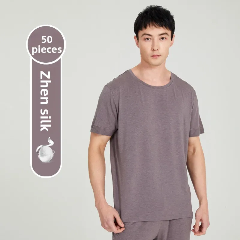 Men's Summer Silk Short Sleeve Long Pants Modal Pajamas Breathable Thermal Underwear Top Pants Home Wear
