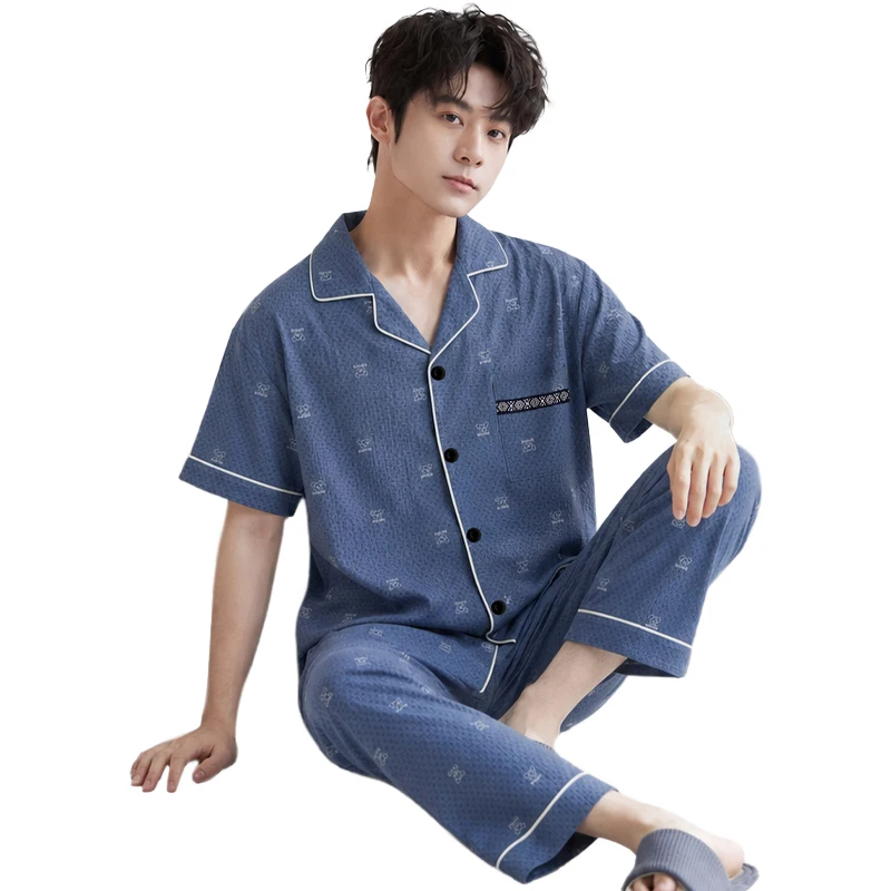 Men's Summer Sleepwear Short Sleeve Shirts and Long Bottoms Casual Loungewear