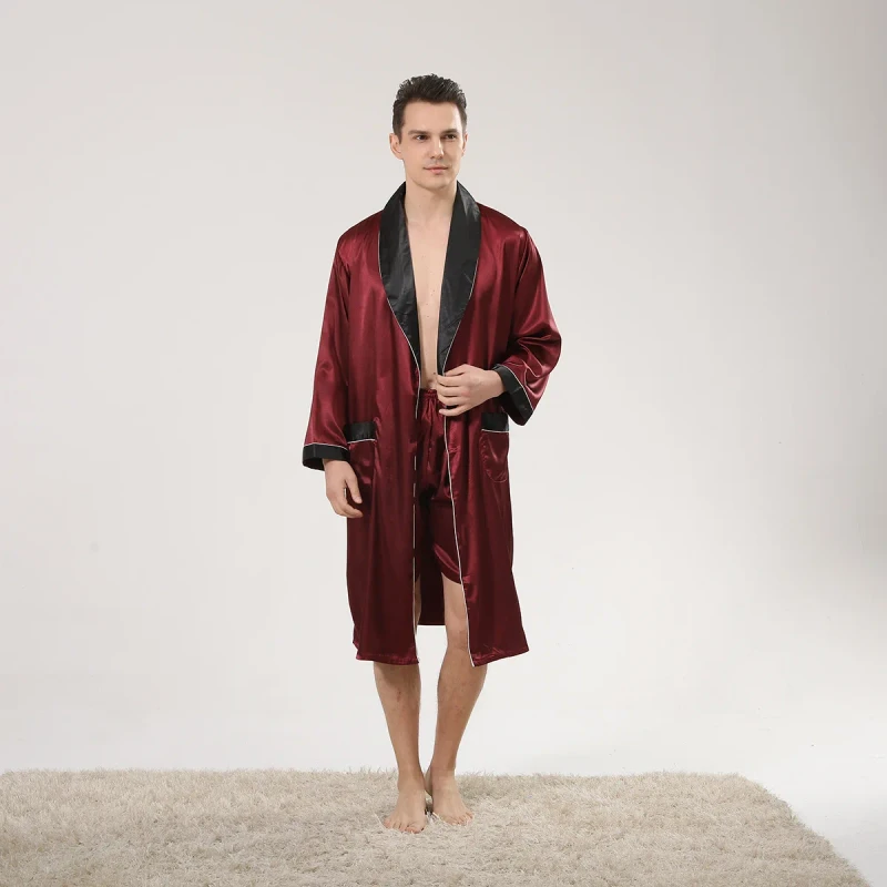 Men's Summer Two Piece Silk Pajamas Set Breathable Bathrobe and Long Sleeved Thin Shorts Large Size US Fit