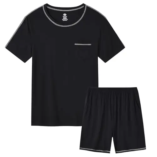 Men's Summer Waffle Pajama Sets Soft Casual Sleepwear Short Sleeve Top Shorts Chest Pocket Solid Black 95% Modal Loose Fit EU