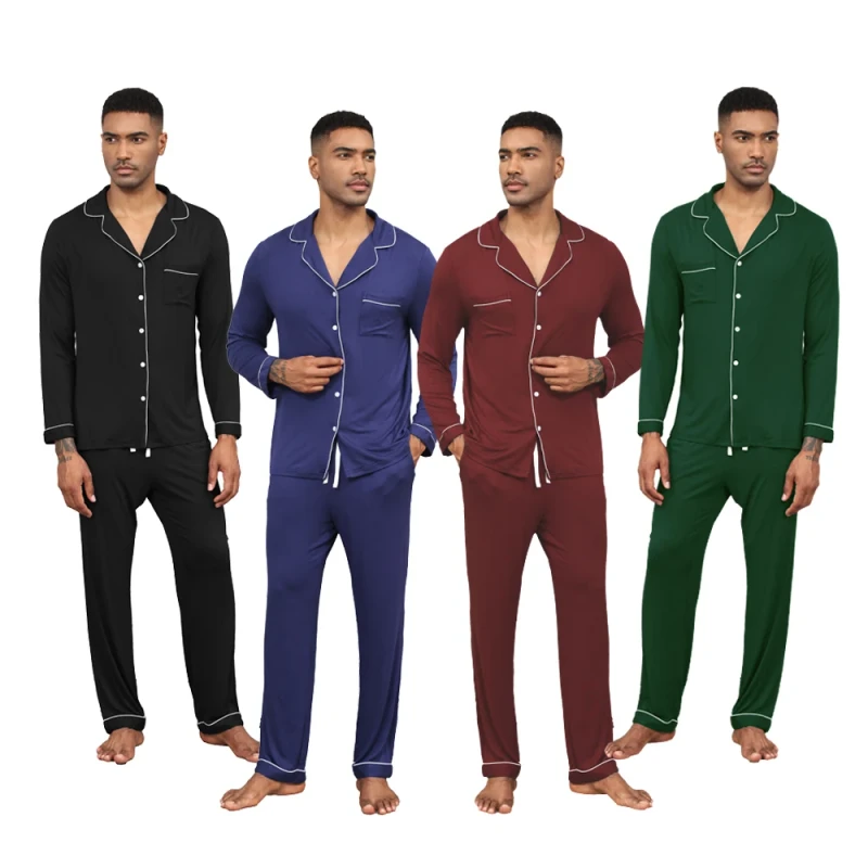 Men's Thermal Breathable Long Sleeve 2-Piece Cardigan Solid Color Fashion Home Wear Modal Pajamas Set