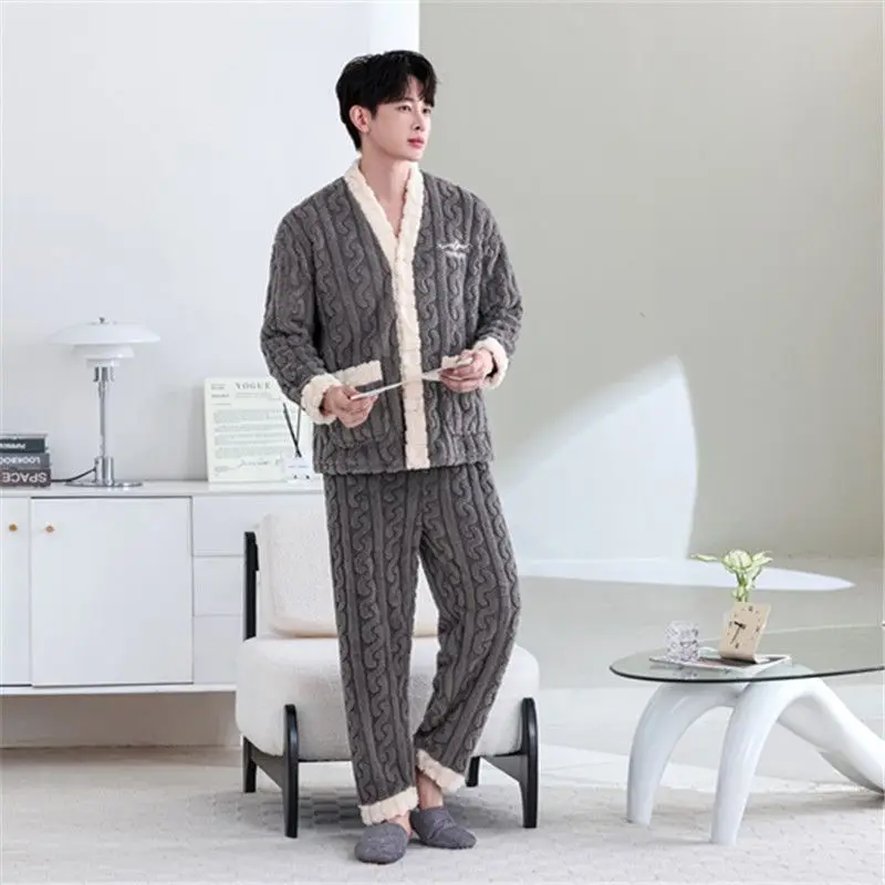 Men's Thermal Coral Fleece Couple Style Long Sleeve Home Wear Pajamas Sleepwear Machine-Washable