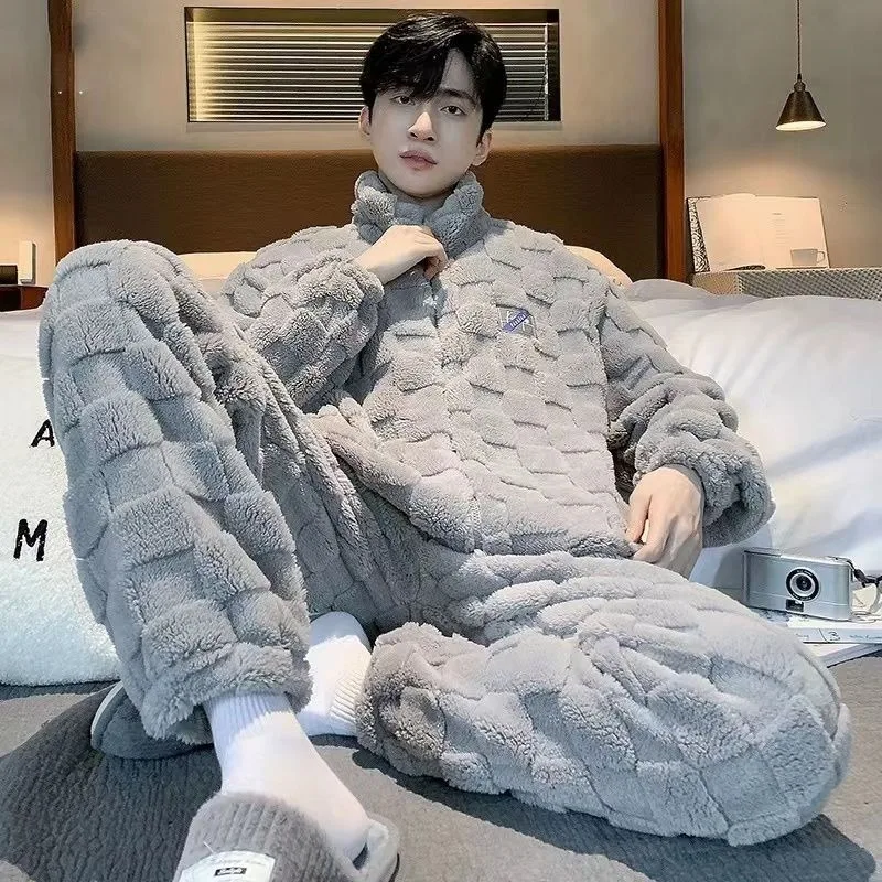 Men's Thick Coral Fleece Thermal Winter Pajamas Set Zippered Long Sleeve Flannel Home Wear Loungewear for Couple-Friendly