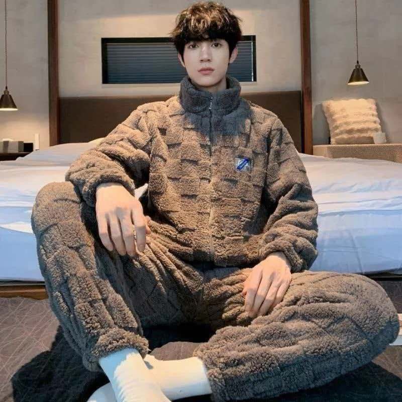 Men's Thick Coral Fleece Winter Pajamas Set Thermal Zippered Flannel Loungewear Long Sleeve Home Wear Warm Couple