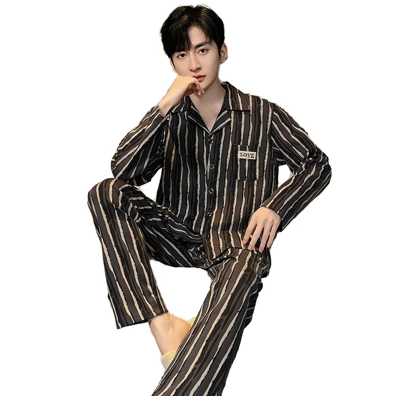 Men's Thin Long Sleeve Cardigan Pajamas with Button Plaid Comfortable Home Clothes Breathable Cotton Pajamas