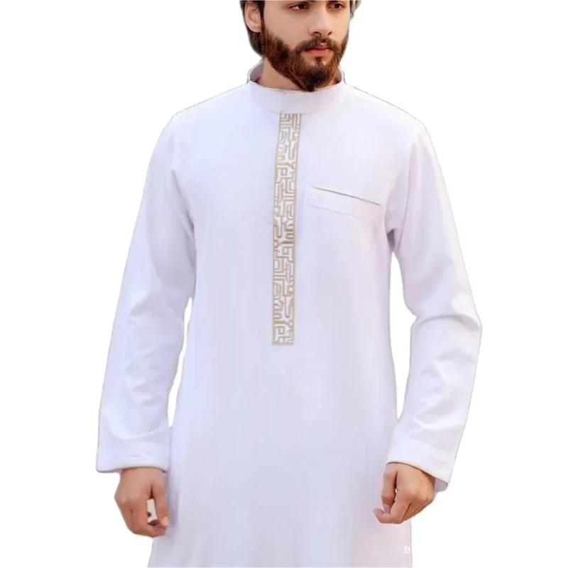 Men's Thobe Muslim Ramadan Festival Simple Embroidery Jubba for Men Islamic Clothing Jubbah