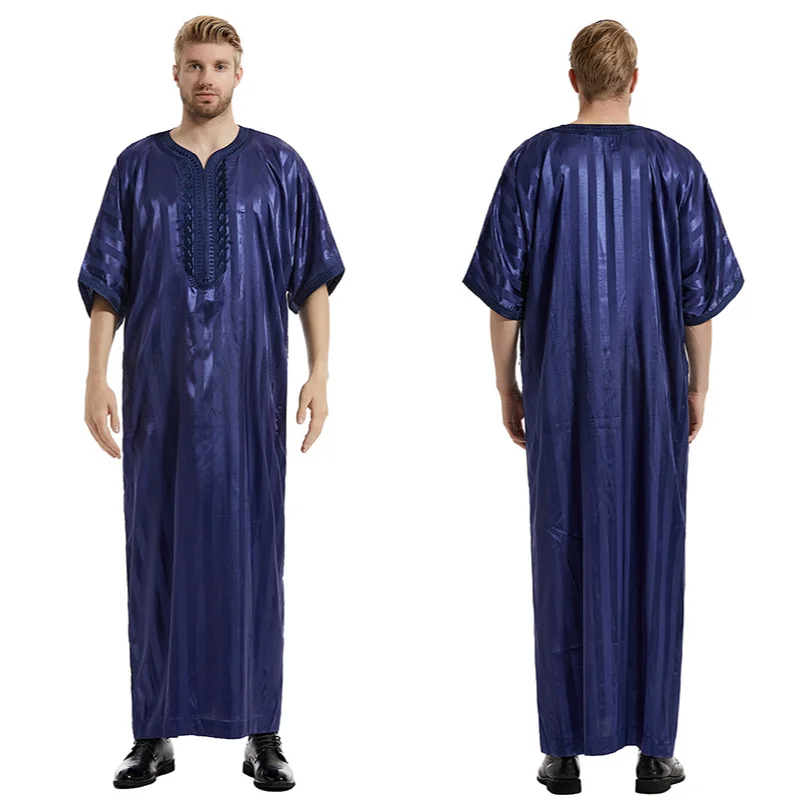 Men's Thobe Striped Medium Sleeves Arabic Thobe Fabric Morocco Embroidered Robe Men Thobes Islamic Clothing