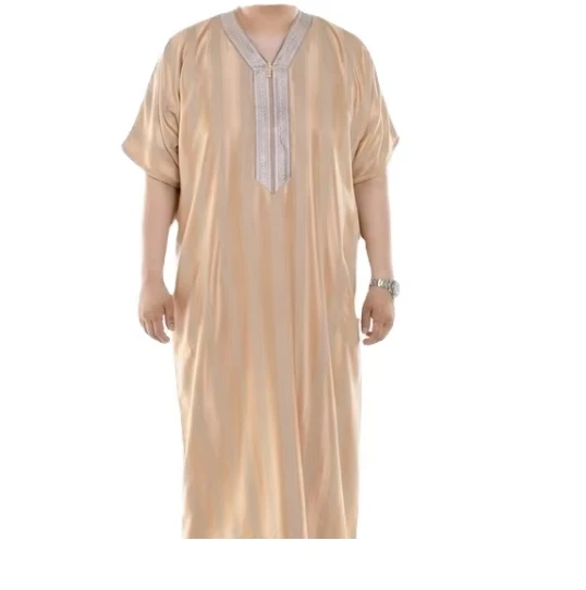 Men's Traditional Muslim Summer Robe with Embroidered Stripes Polyester Short Spring Sleeves Casual Long Ethnic Islam Style