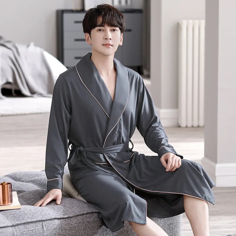 Men's V Neck Modal Sleepwear Breathable Knitted Robes with Pocket Casual Plus Size Custom Printing Long Sleeves