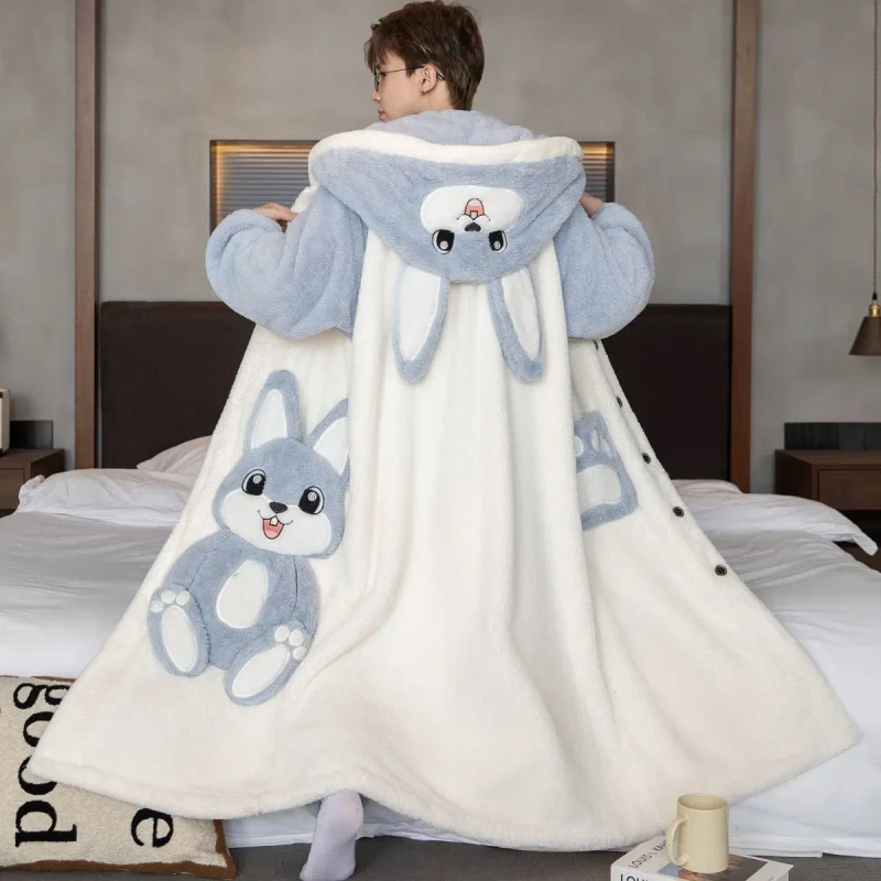 Men's Winter Coral Fleece Padded Long Nightgown Hooded Bathrobe Suit Quick Dry 2 Piece Pockets Home Clothing Large Sleepwear