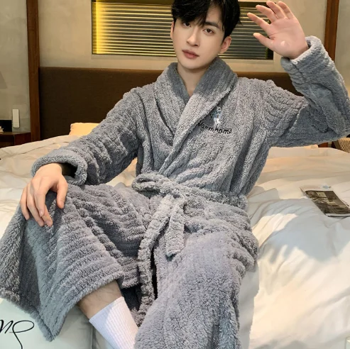 Men's Winter Flannel Thickened Long Men's Winter Pajamas Coral Velvet Fall/winter Homewear Cartoon Bathrobe