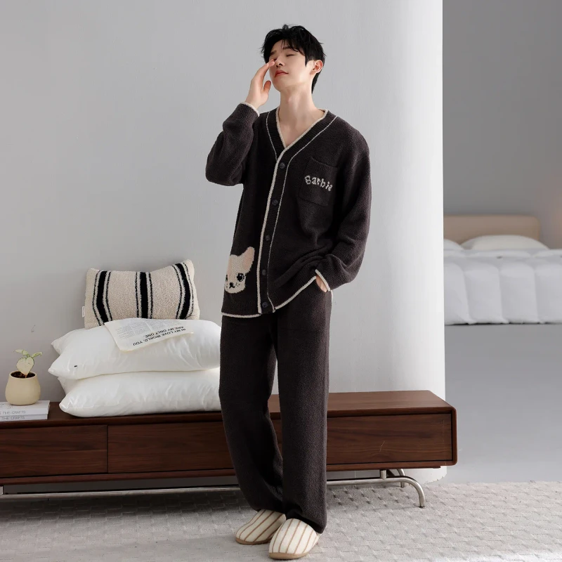 Men's Winter Half Velvet Kimono Collar V Neck Long Sleeve Knitted Cardigan Pajamas Breathable 100% Polyester Loose Fit Youth