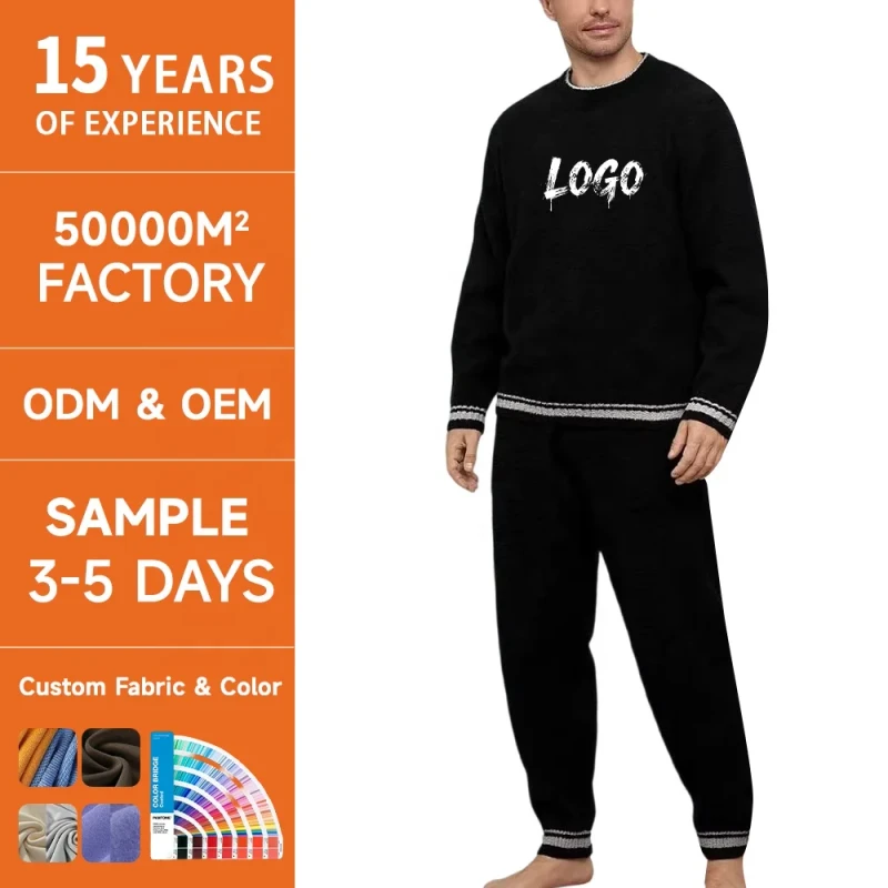 Mens Winter Knitted Front Logo 100% Cotton Pullover Pajamas Set Soft Warm Collar Long Sleeve Anti-pilling Sleepwear Comfy