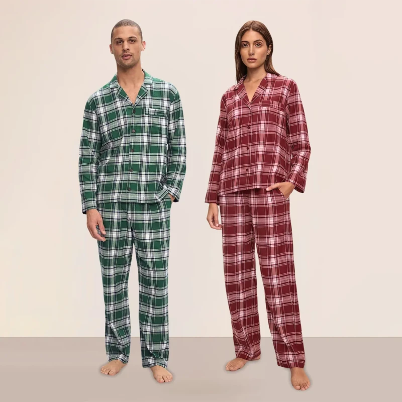 Men's Women's Thermal Flannel Pajama Sets Plaid Soft Eco-Friendly Custom Print Adult Designer Pajamas
