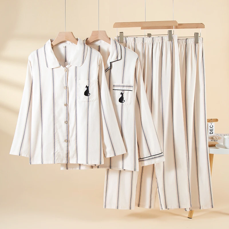 Men's and Women's Casual Suit Home Wear Couple Loungewear Long Sleeve Pure Cotton Comfortable 100% Pure Cotton Couple Pajamas