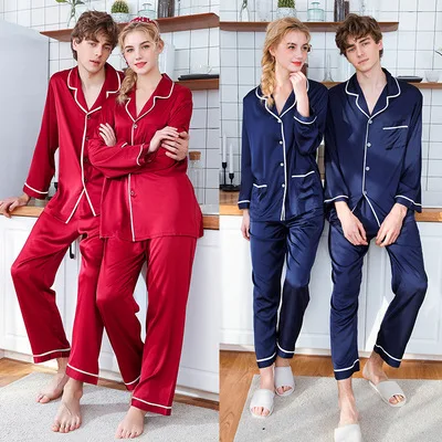 Men's and Women's Couple Pajamas Pyjamas Sets Homewear Long-sleeved Spring Autumn Winter Family PJS Satin
