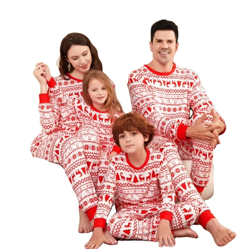 Merry Christmas High Quality 100% Cotton Christmas Tree Snow Deer Printed Dad Mum Kids Baby Girls Matching Family Pajamas