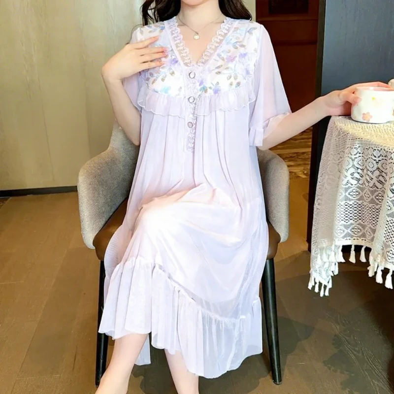 Mesh Women's Nightdress Fashion Lace Trim Soft Summer Pajamas Sweet Fairy Wind Nightgown Elegant Sleepwear