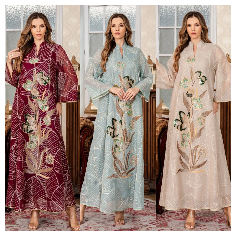 Middle Eastern Muslim Women's Robes Elegant Embroidered Lace Dubai Dresses Arabian Clothing Abaya