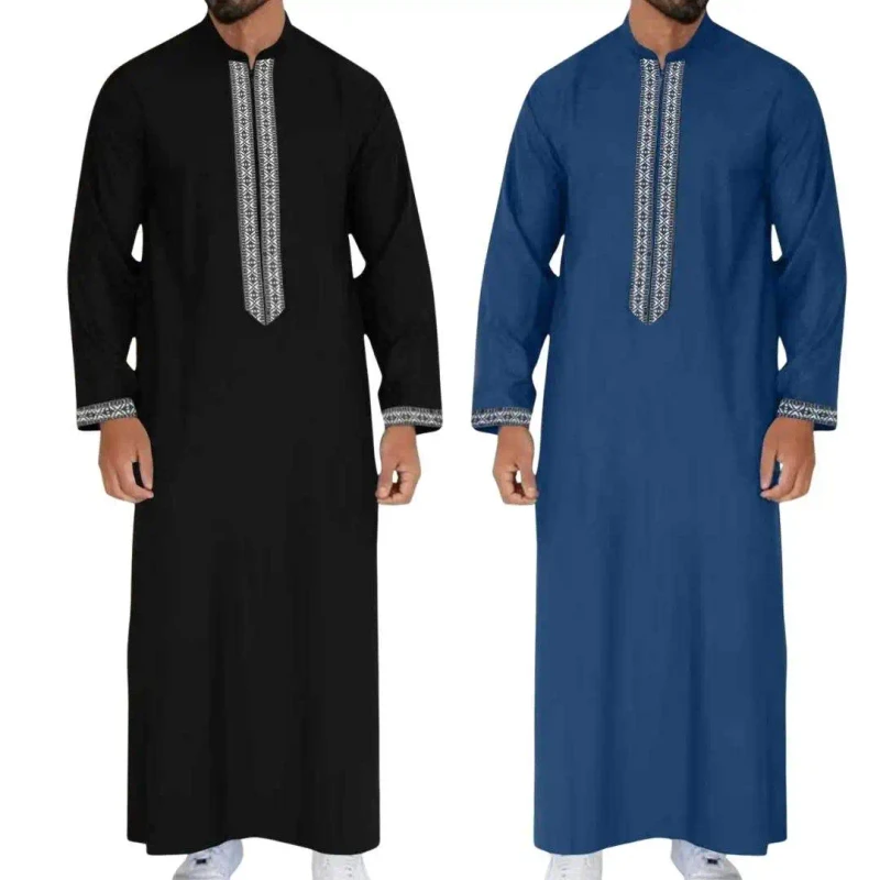 Middle Eastern Traditional Clothing Hand Embroidered Stand up Collar Solid Color Long Style Loose Muslim Robe Casual Men's Robe