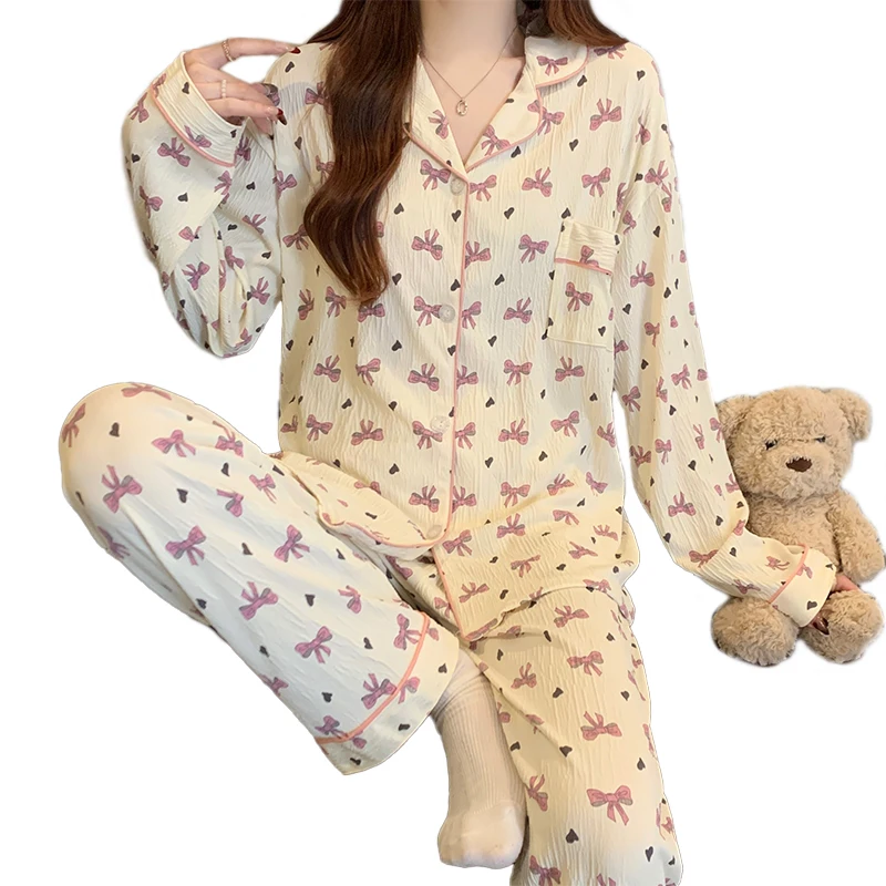 Milk Silk Women's Long Sleeve Long Pants Premium Feeling Lapel Cardigan Sweet Printed Homewear Pajamas