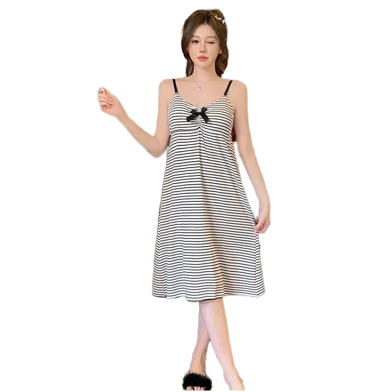 Milk Silk Yarn Dyed Fabric Nightdress Women's Summer Sweet Suspenders with Breast Pads Loose Large Size Casual Nightdress