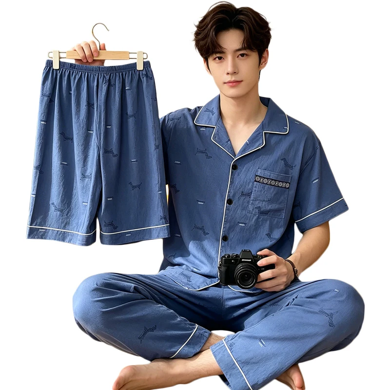 Minimalist Men's Cartoon Printed Short Sleeve Bedwear Lightweight Summer 3 Piece Relaxed Loungewear Set